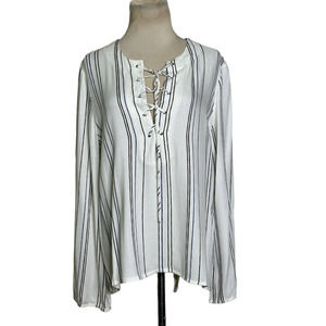 WAYF Cream with Brown Blue Stripes Long Sleeves Lace Up Tunic size Small